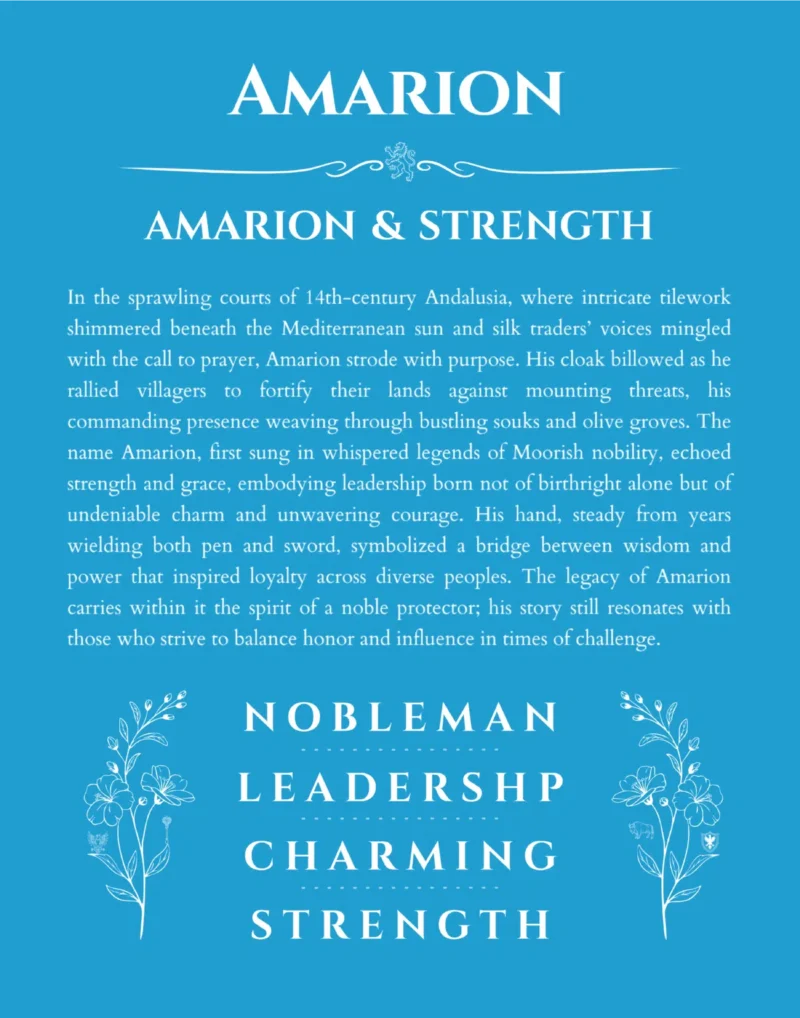 Amarion personalized name print with origin and traits in blue