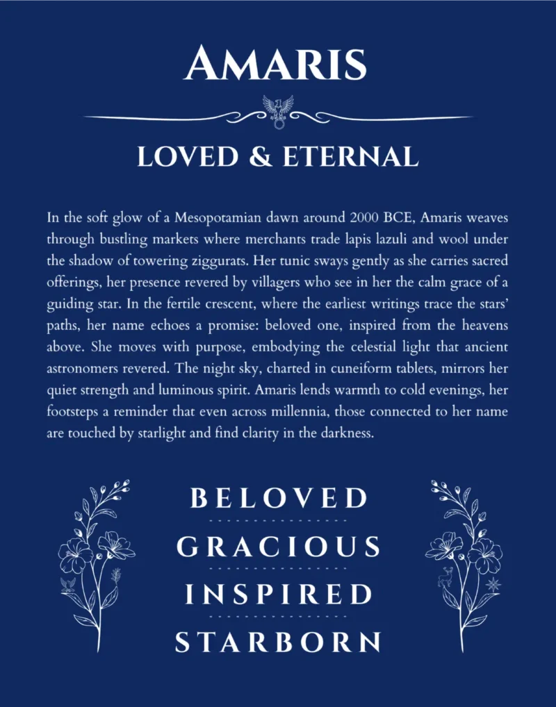 Amaris personalized name art with origin story in deep blue
