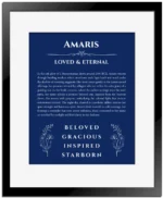 Amaris personalized name art with origin story in deep blue with black matte frame