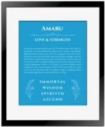 Amaru personalized name art with origin story in blue with black matte frame