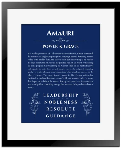Amauri custom name art showing meaning and origin in deep blue with black matte frame