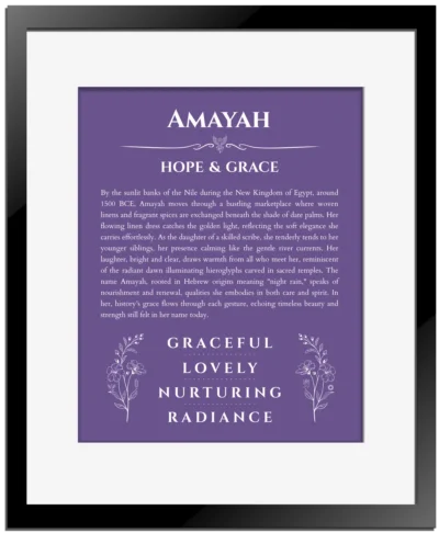Amayah personalized name meaning print in purple with black matte frame