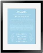 Amayra personalized wall art with the story of your name in light blue with black matte frame