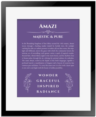 Amazi personalized wall art with the story of your name in purple with black matte frame