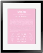Ambar personalized name print with origin and traits in light pink with black matte frame