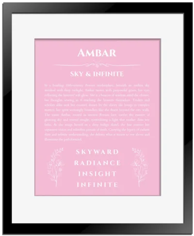 Ambar personalized name print with origin and traits in light pink with black matte frame