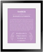 Amber name meaning wall art by Get Your Story in light purple with black matte frame