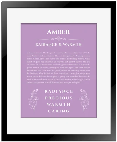 Amber name meaning wall art by Get Your Story in light purple with black matte frame