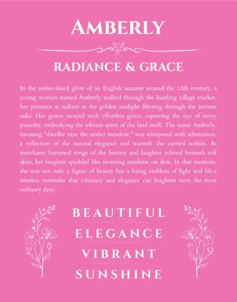 Amberly personalized name print with origin and traits in pink