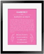 Amberly personalized name print with origin and traits in pink with black matte frame