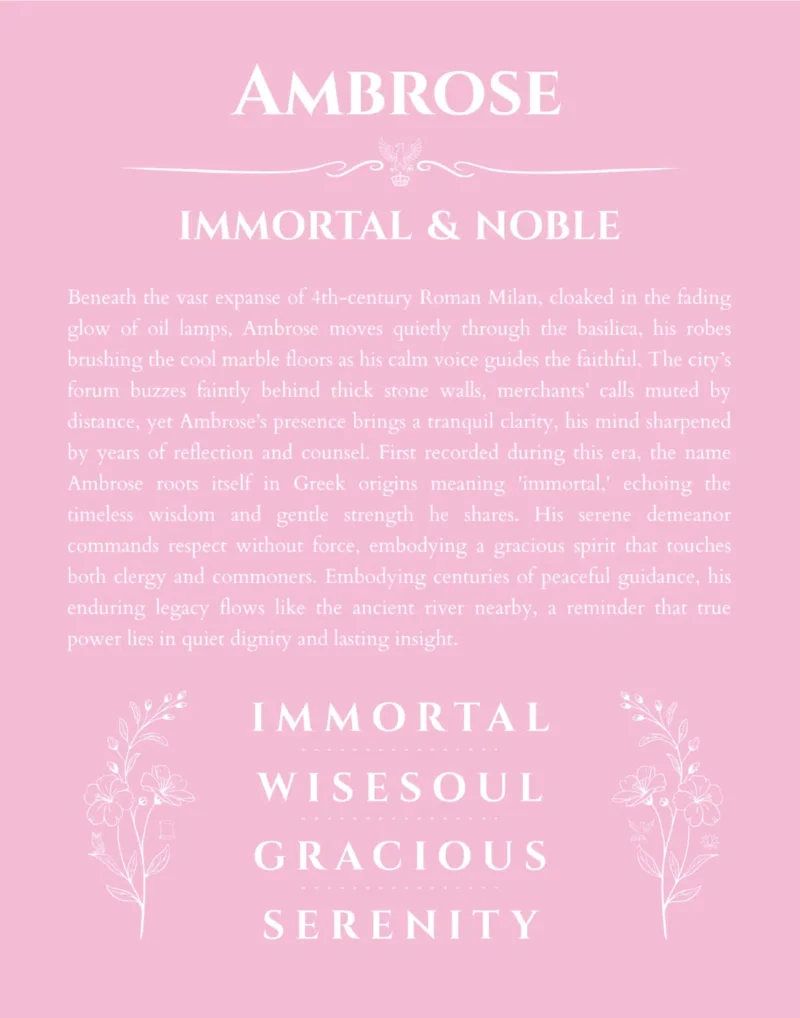 Ambrose personalized name art with origin story in light pink