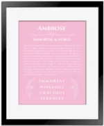 Ambrose personalized name art with origin story in light pink with black matte frame