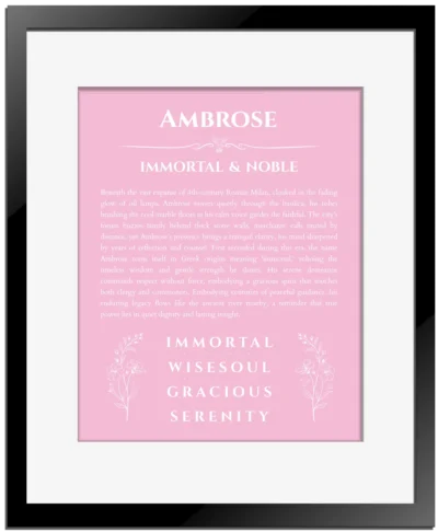 Ambrose personalized name art with origin story in light pink with black matte frame