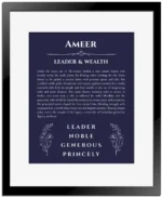 Ameer personalized name art with origin story in navy blue with black matte frame