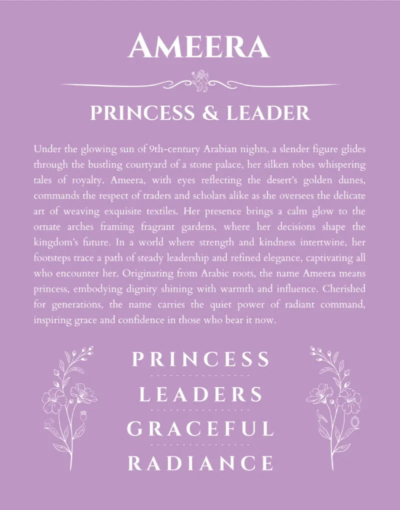 Ameera personalized name print with origin and traits in light purple