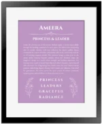 Ameera personalized name print with origin and traits in light purple with black matte frame