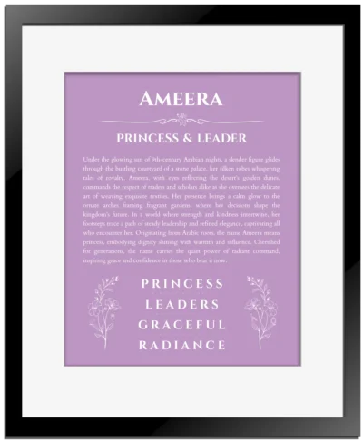 Ameera personalized name print with origin and traits in light purple with black matte frame