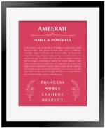 Ameerah personalized wall art with the story of your name in red with black matte frame