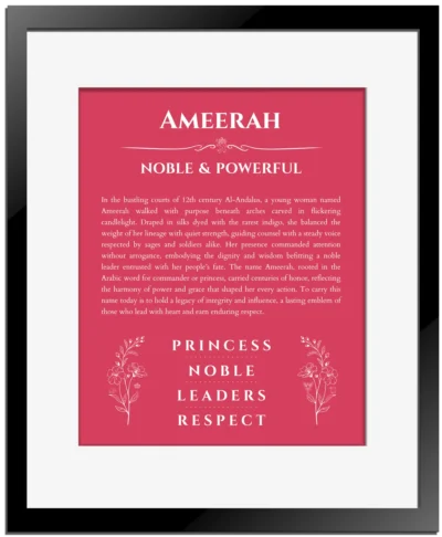 Ameerah personalized wall art with the story of your name in red with black matte frame