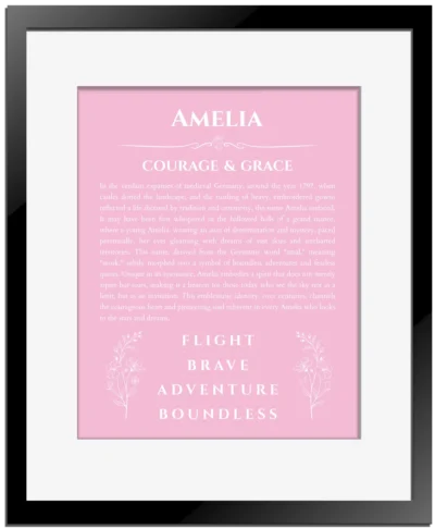 Amelia name meaning wall art by Get Your Story in light pink with black matte frame
