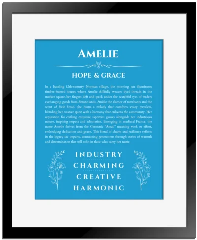 Amelie name meaning gift print in blue with black matte frame
