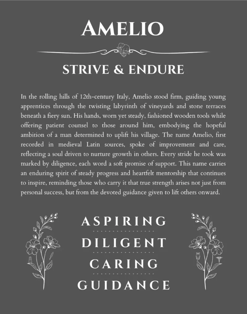 Amelio name origin print with meaning and traits in gray