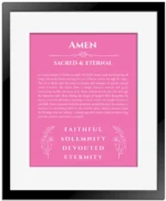 Amen personalized wall art with the story of your name in pink with black matte frame
