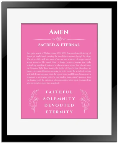 Amen personalized wall art with the story of your name in pink with black matte frame