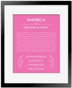 America name origin print with meaning and traits in pink with black matte frame