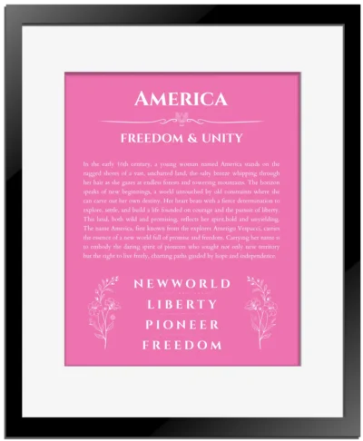 America name origin print with meaning and traits in pink with black matte frame