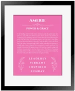 Amerie personalized wall art with the story of your name in pink with black matte frame