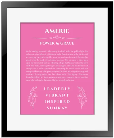 Amerie personalized wall art with the story of your name in pink with black matte frame