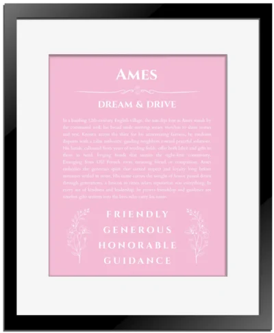Ames custom name print for wall display in light pink with black matte frame