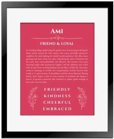 Ami name origin print with meaning and traits in red with black matte frame