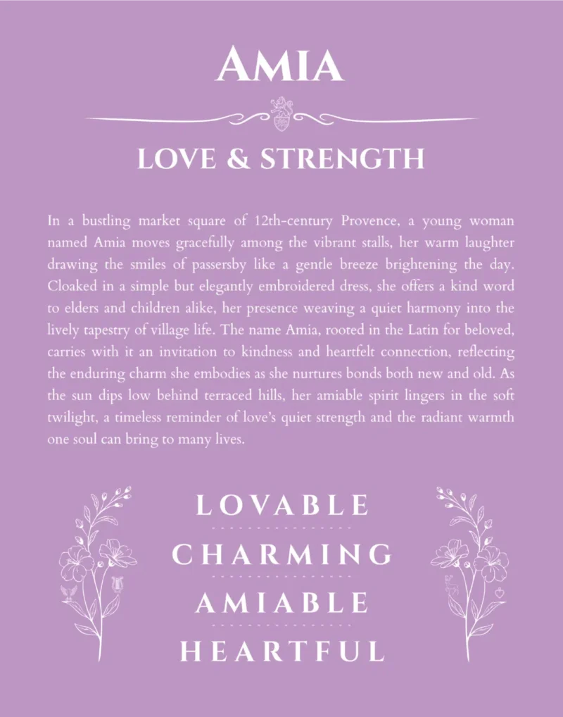 Amia custom name art showing meaning and origin in light purple