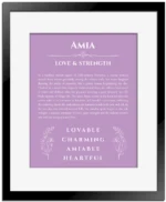 Amia custom name art showing meaning and origin in light purple with black matte frame