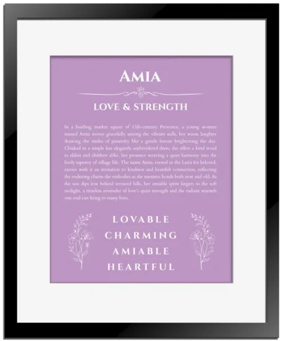 Amia custom name art showing meaning and origin in light purple with black matte frame