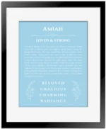 Amiah custom name meaning print in light blue with black matte frame