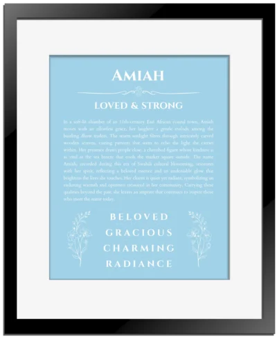 Amiah custom name meaning print in light blue with black matte frame