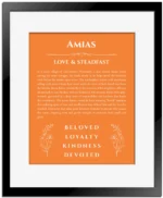 Amias name meaning gift print in orange with black matte frame