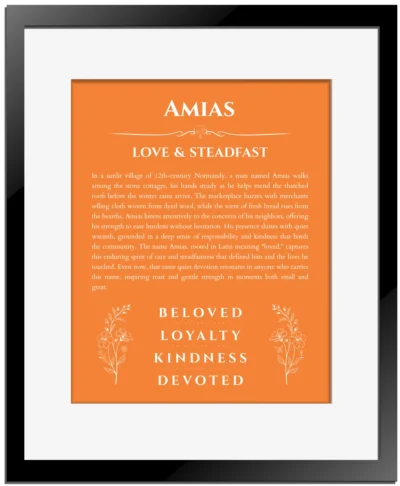 Amias name meaning gift print in orange with black matte frame