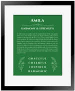 Amila personalized name meaning print in dark green with black matte frame