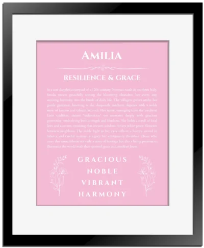Amilia custom name print for wall display in light pink with black matte frame