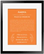 Amina custom name meaning print in orange with black matte frame
