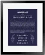 Aminah name meaning gift print in navy blue with black matte frame