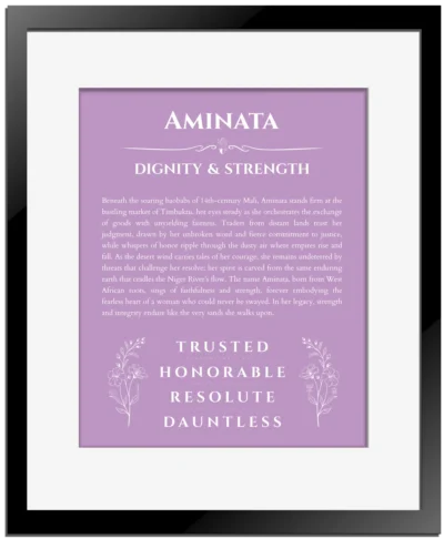 Aminata name meaning wall art by Get Your Story in light purple with black matte frame