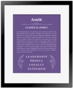 Amir custom name art showing meaning and origin in purple with black matte frame