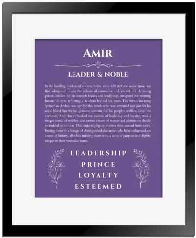 Amir custom name art showing meaning and origin in purple with black matte frame