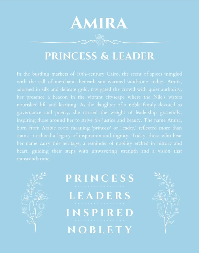 Amira custom name art showing meaning and origin in light blue