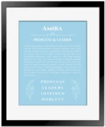 Amira custom name art showing meaning and origin in light blue with black matte frame